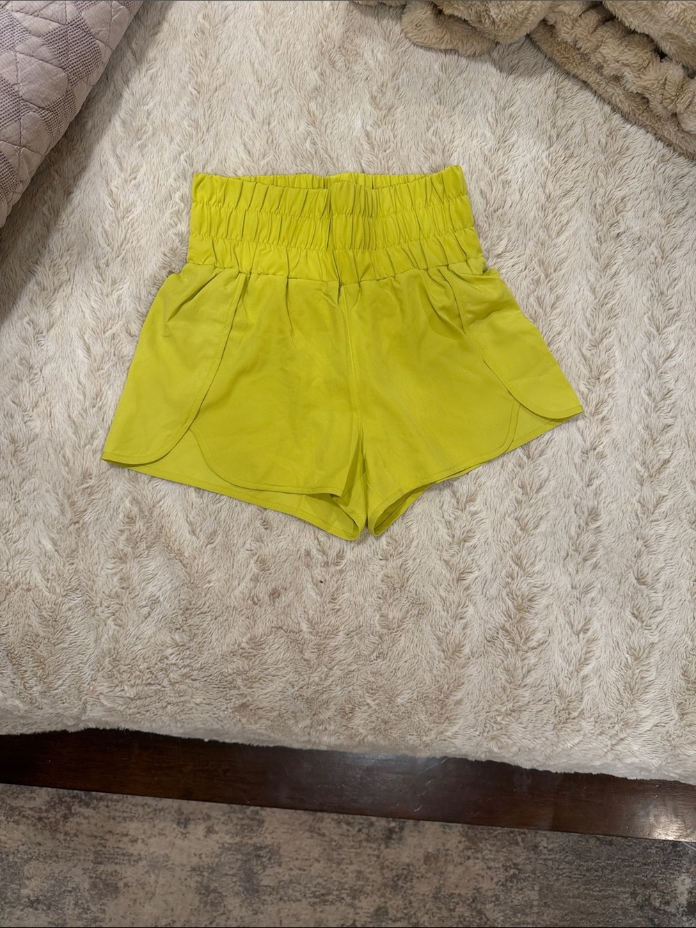 High-Waist Athletic Shorts in Lime Green with Smocked Waistband